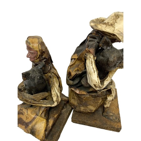 Vintage Pair Mexican Folk Art Paper Mache Sitting Holding Pig Handmade - Picture 11 of 12